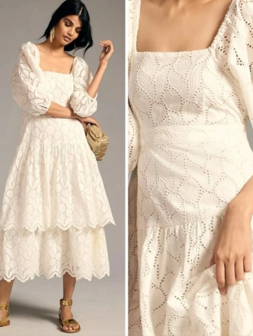 Anthropologie Maeve elegant white tiered eyelet midi dress with a square neckli - Picture 1 of 10